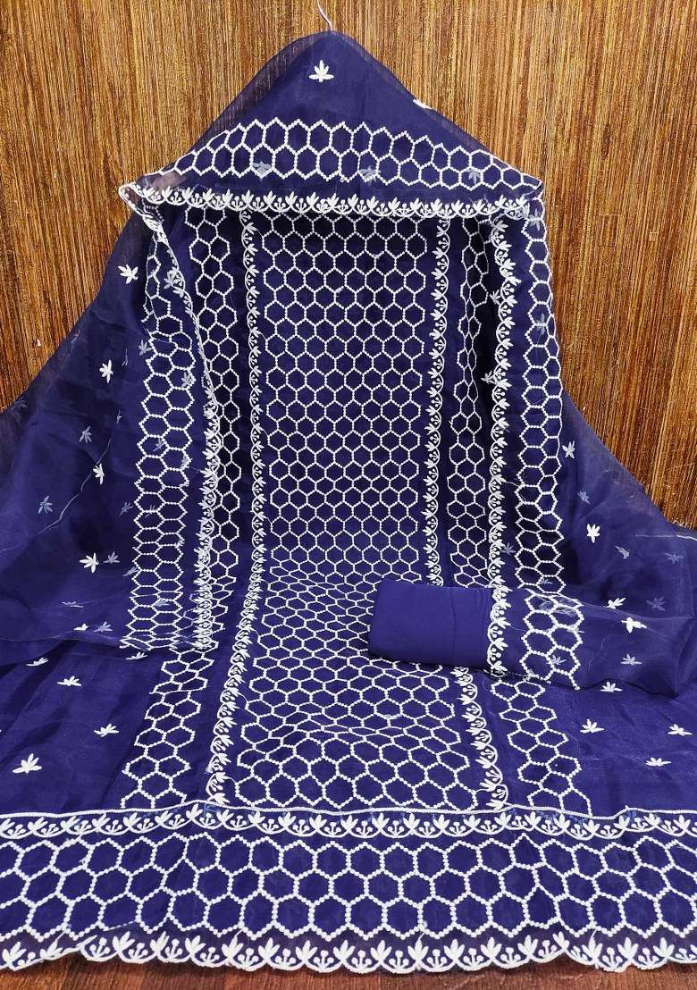 Blue Embroidered Organza Straight Kurta Set - Indya