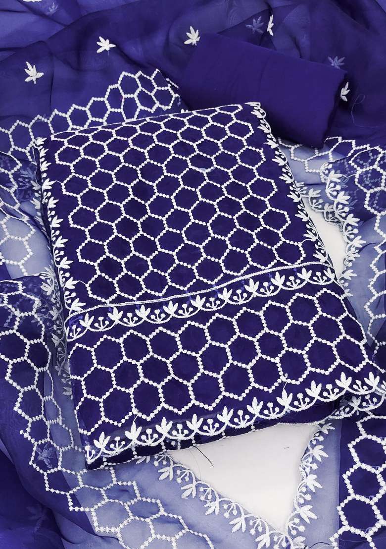 Blue Embroidered Organza Straight Kurta Set - Indya
