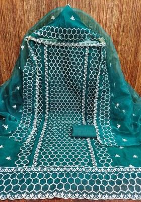 Teal Blue Embroidered Oragnza Dress Material