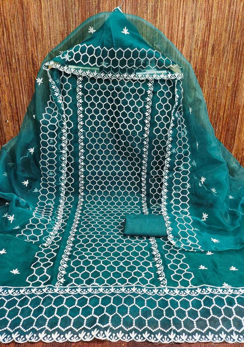 Teal Blue Embroidered Organza Punjabi Suit - Indya