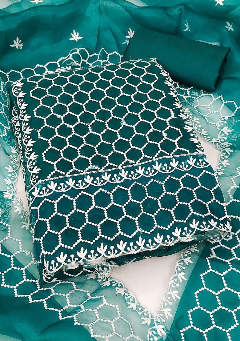 Teal Blue Embroidered Organza Punjabi Suit - Indya