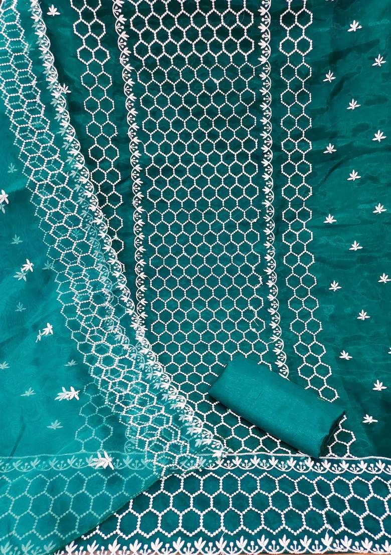 Teal Blue Embroidered Organza Punjabi Suit - Indya