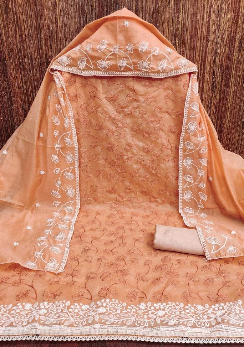 Peach Embroidered Silk Dress Material