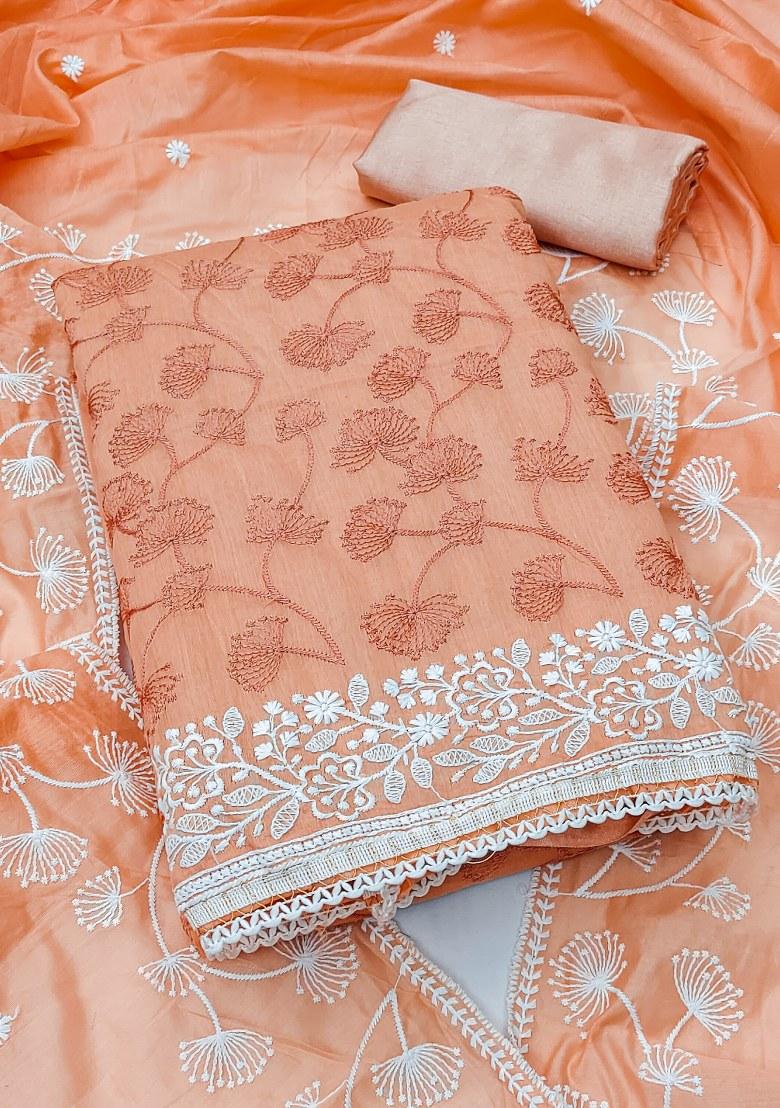 Peach Embroidered Silk Dress Material