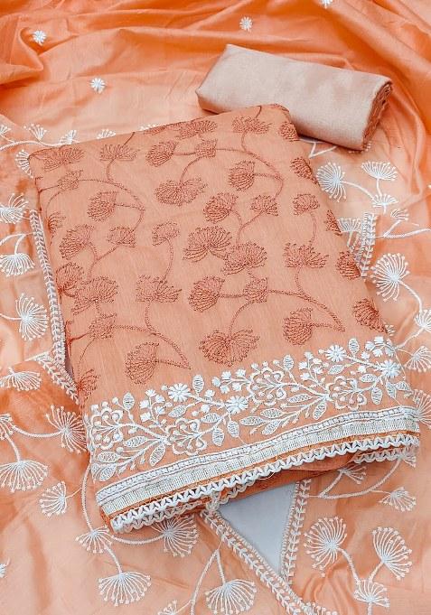 Peach Embroidered Silk Dress Material