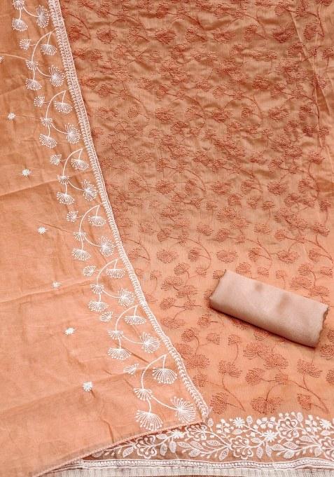 Peach Embroidered Silk Dress Material