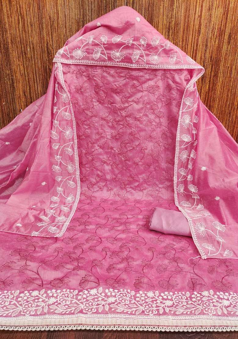 Pink Embroidered Silk Dress Material - Indya