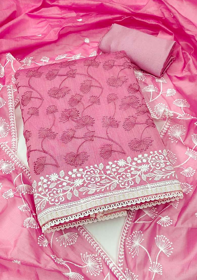 Pink Embroidered Silk Dress Material - Indya