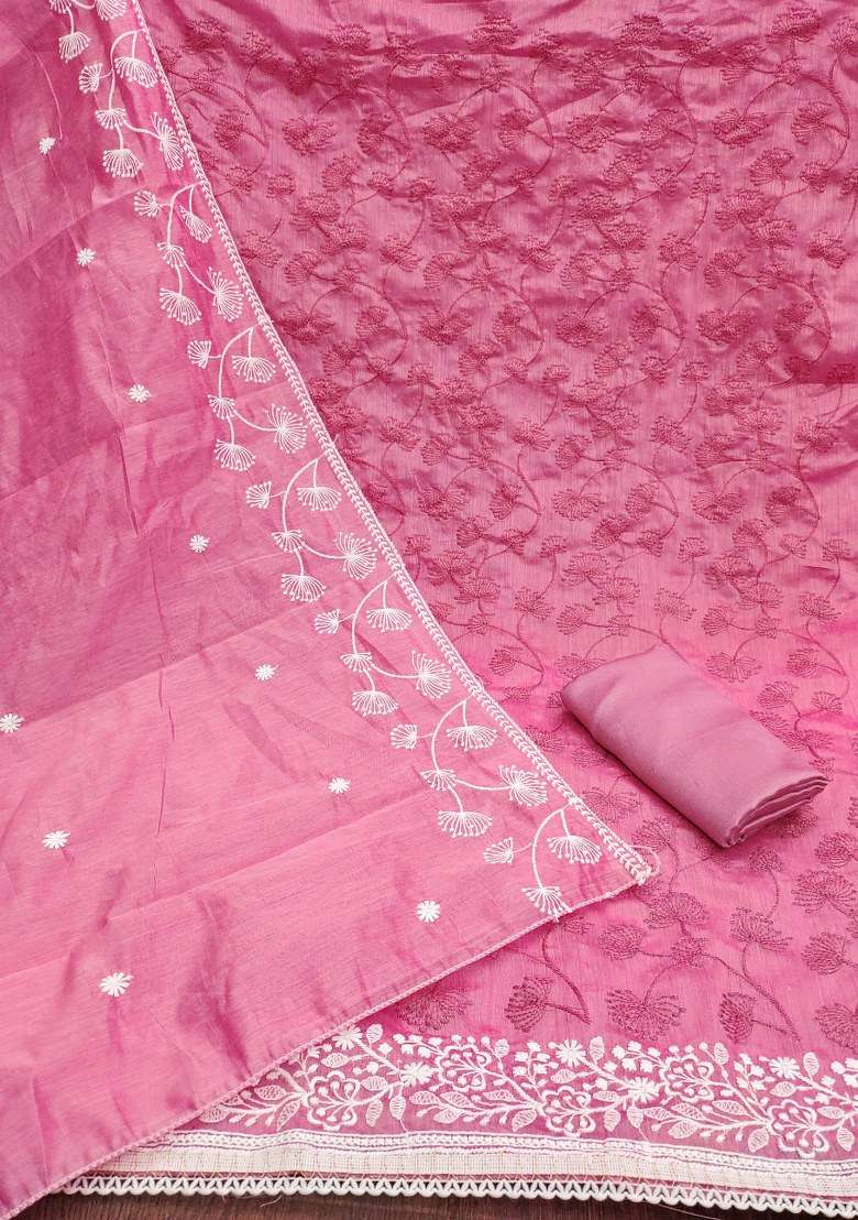 Pink Embroidered Silk Dress Material - Indya