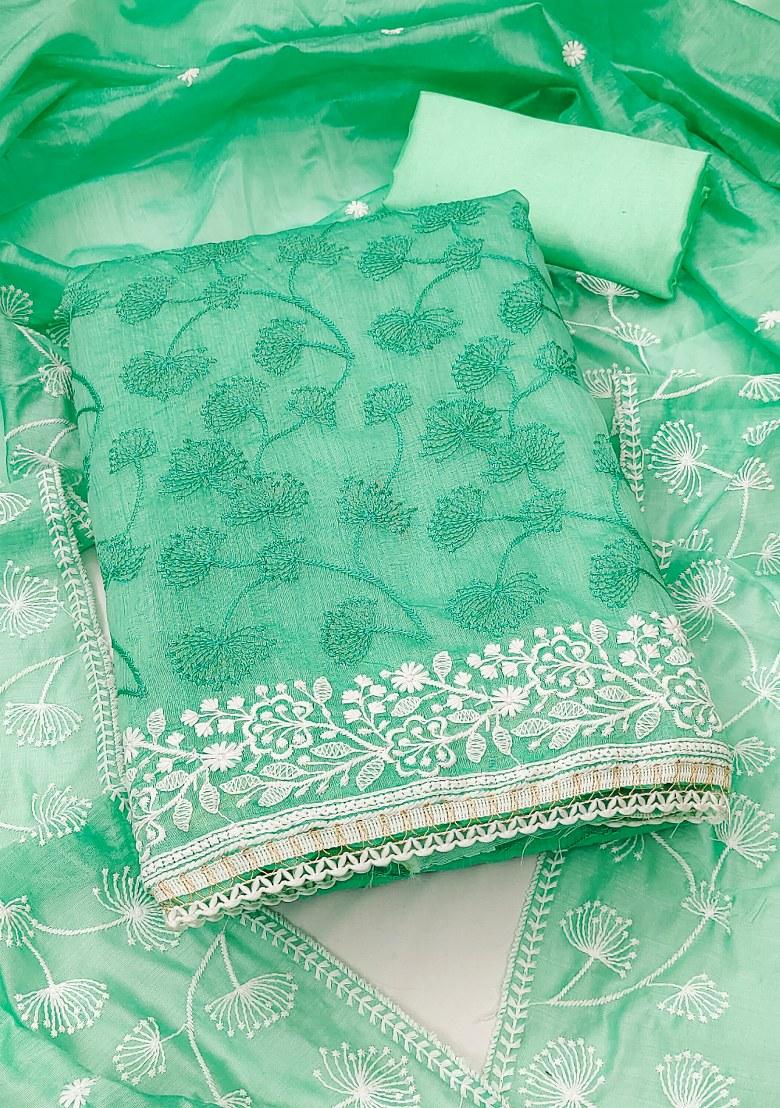 Sea Green Embroidered Silk Dress Material