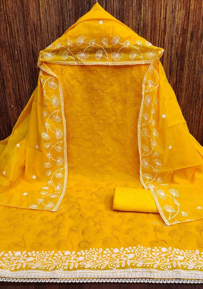 Yellow Chikankari Silk Blend Straight Kurta Set - Indya