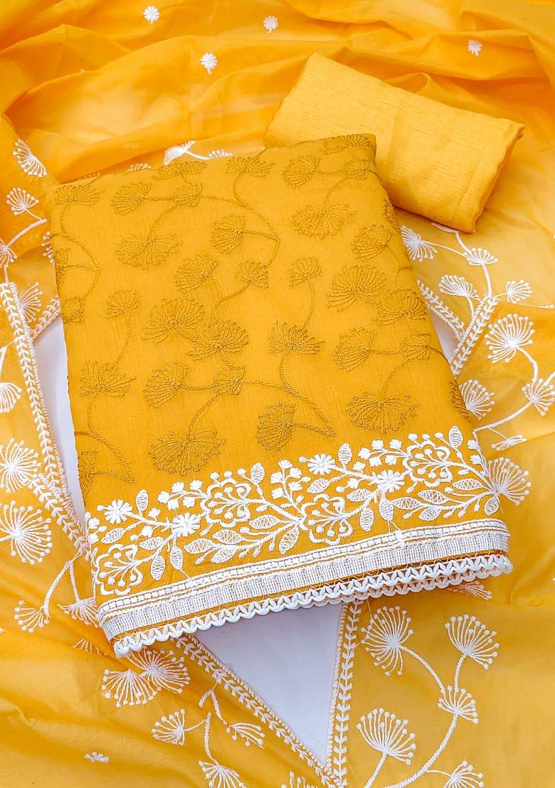 Yellow Chikankari Silk Blend Straight Kurta Set - Indya