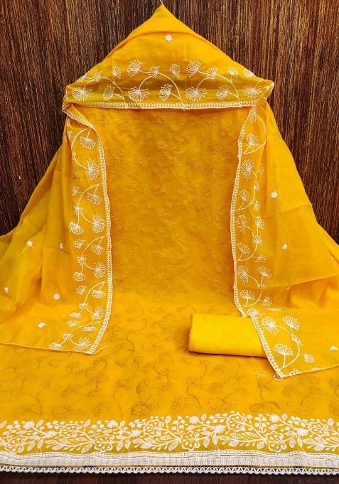 Yellow Chikankari Silk Straight Kurta Set — view on Indya