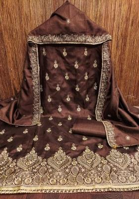 Brown Embroidered Cotton Blend Dress Material