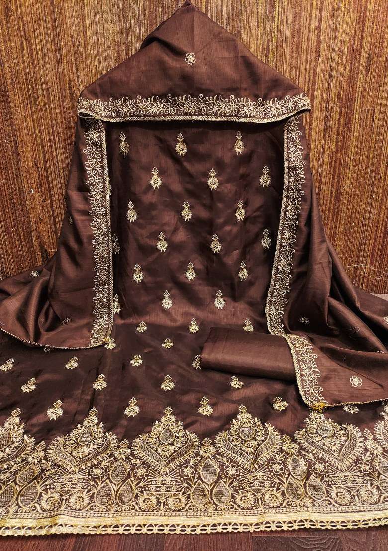 Brown Embroidered Blended Gown - Indya