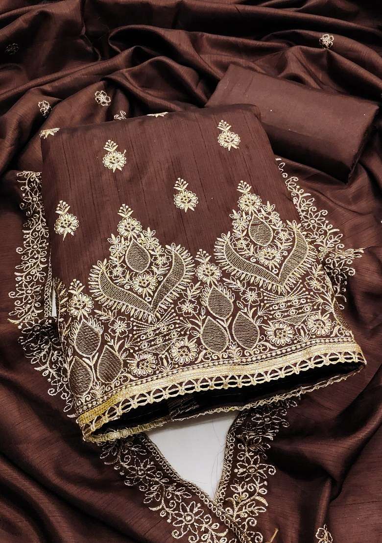 Brown Embroidered Blended Gown - Indya