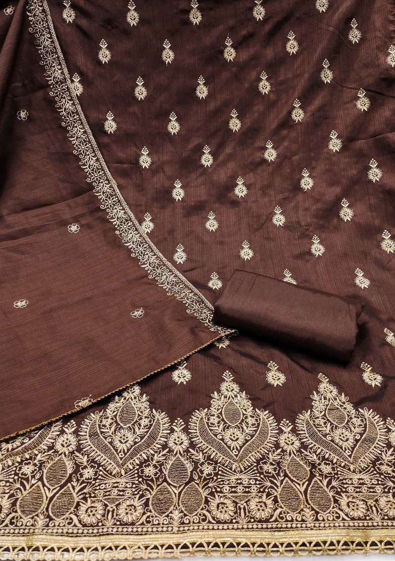 Brown Embroidered Blended Gown - Indya