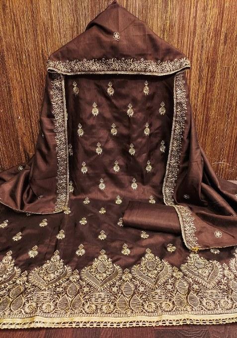 Brown Embroidered Cotton Blend Dress Material