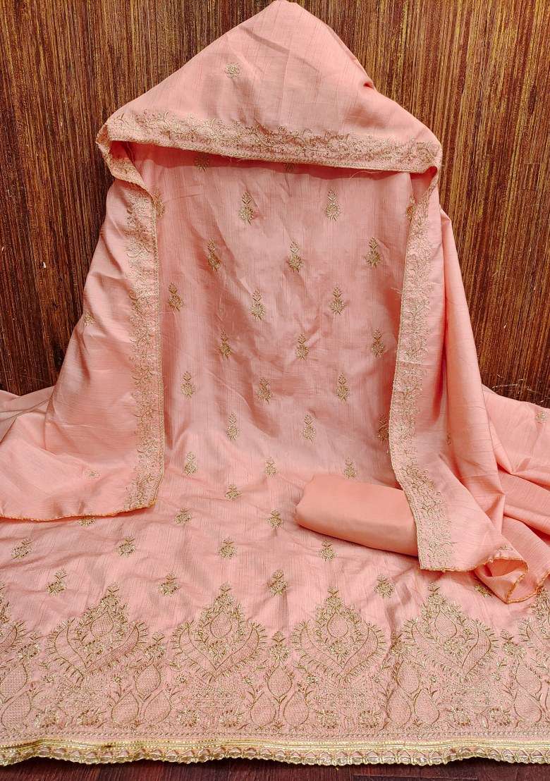Peach Embroidered Blended Pakistani Suit Set - Indya