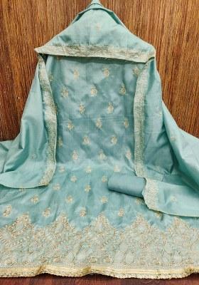 Sea Green Embroidered Cotton Blend Dress Material