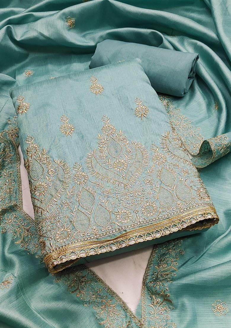 Sea Green Embroidered Cotton Blend Dress Material