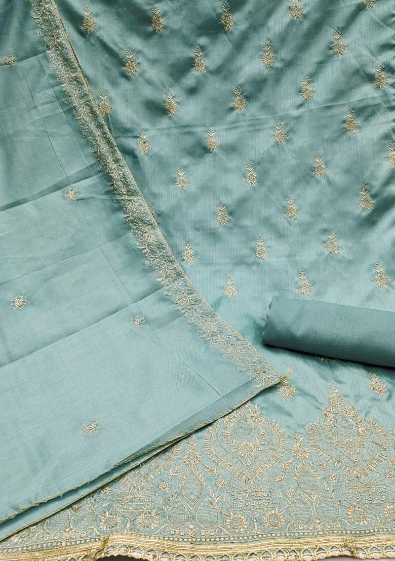 Sea Green Embroidered Cotton Blend Dress Material