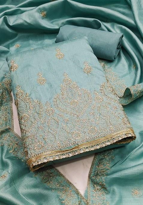 Sea Green Embroidered Cotton Blend Dress Material