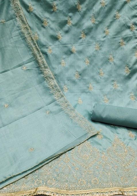 Sea Green Embroidered Cotton Blend Dress Material