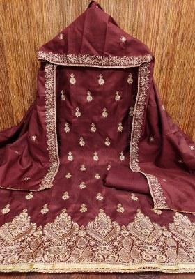 Wine Embroidered Cotton Blend Dress Material