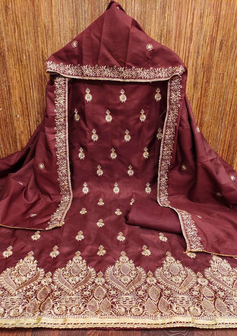 Wine Embroidered Blended Pakistani Suit Set - Indya
