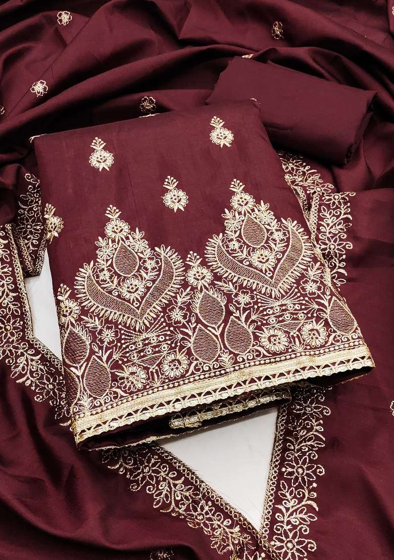 Wine Embroidered Blended Pakistani Suit Set - Indya