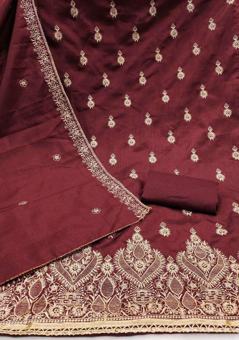 Wine Embroidered Blended Pakistani Suit Set - Indya