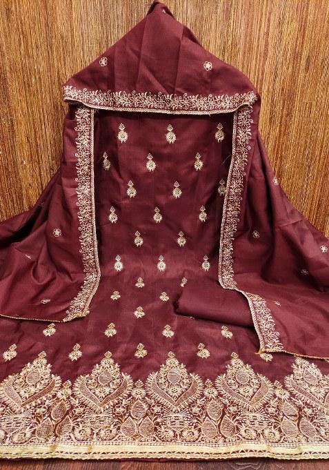 Wine Embroidered Cotton Blend Dress Material