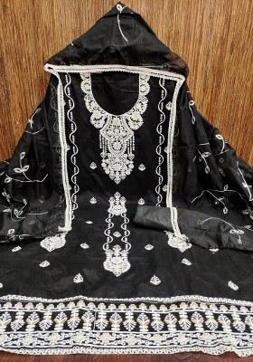 Black Embroidered Cotton Blend Dress Material