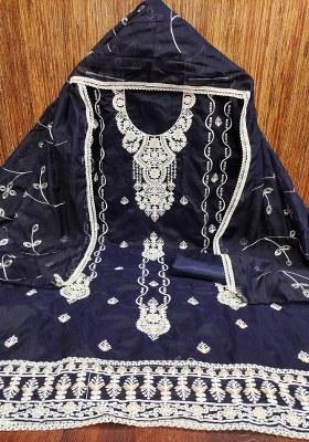 Blue Embroidered Cotton Blend Dress Material