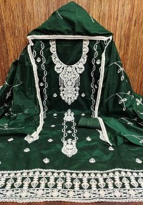 Green Embroidered Cotton Blend Dress Material