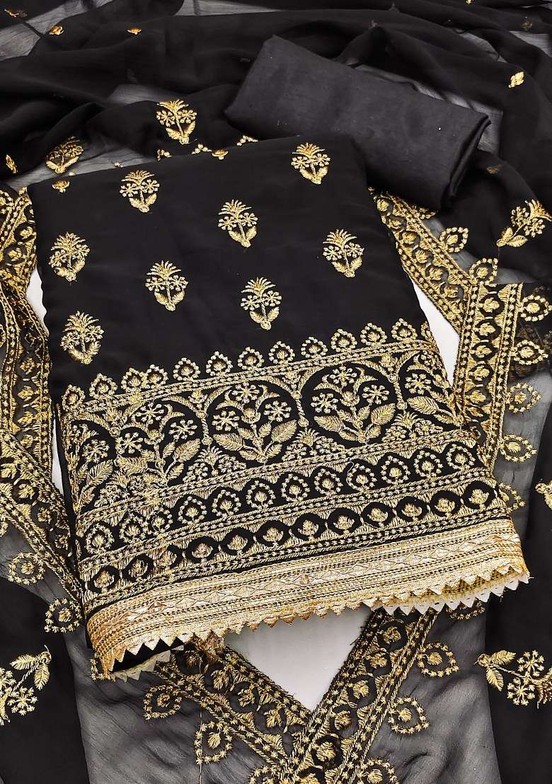 Black Embroidered Georgette Dress Material - Indya