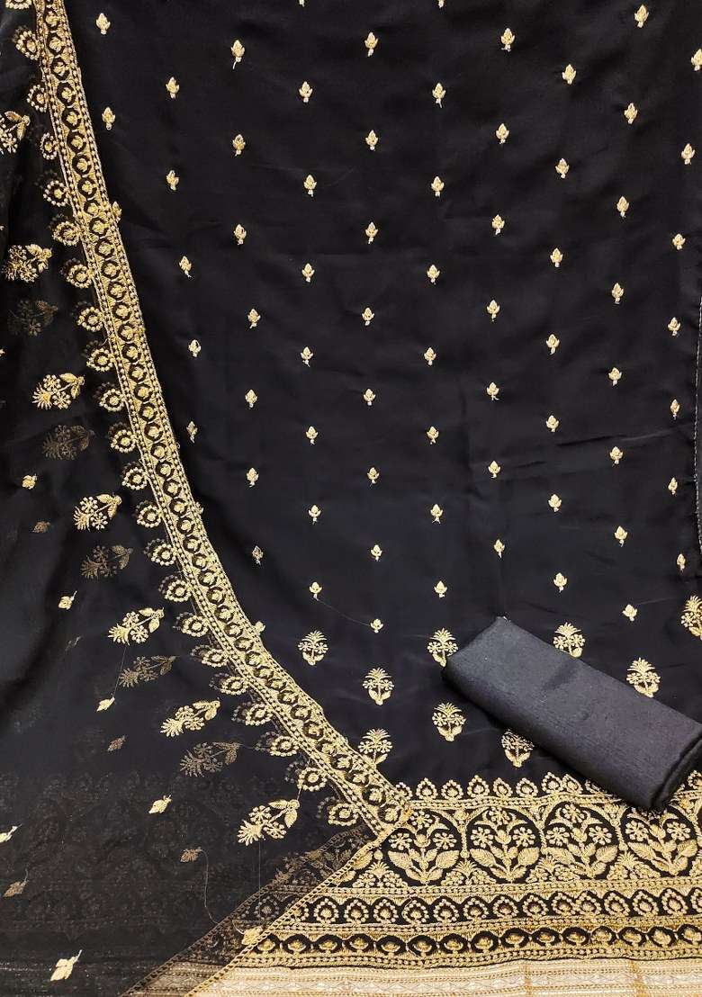 Black Embroidered Georgette Dress Material - Indya