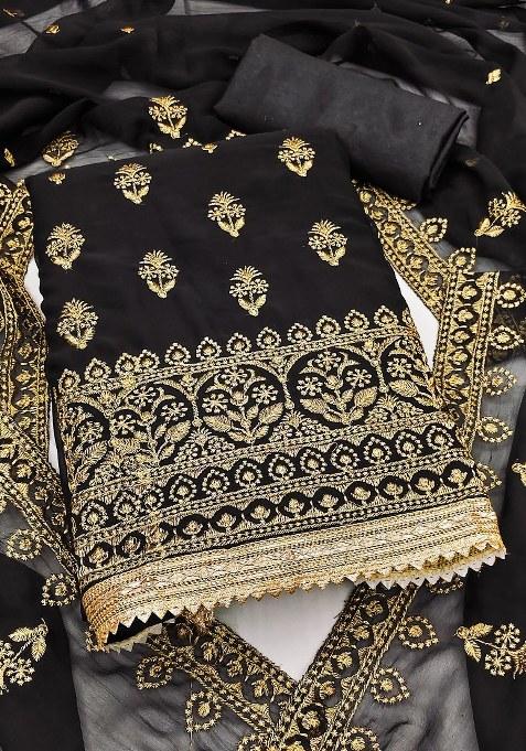 Black Embroidered Georgette Dress Material