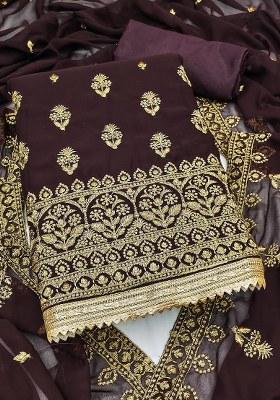 Brown Embroidered Georgette Dress Material