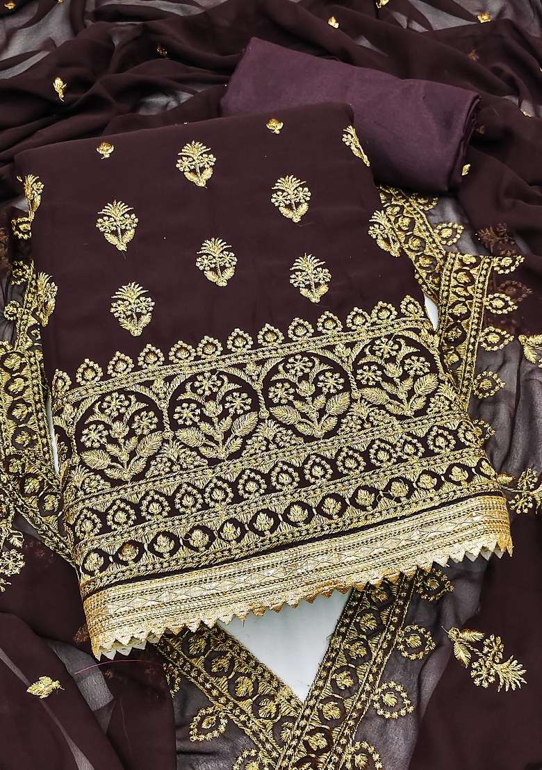 Brown Embroidered Georgette Dress Material - Indya