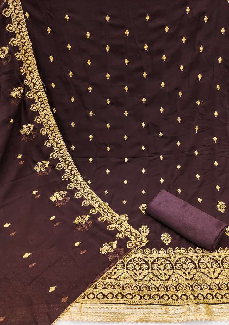 Brown Embroidered Georgette Dress Material - Indya