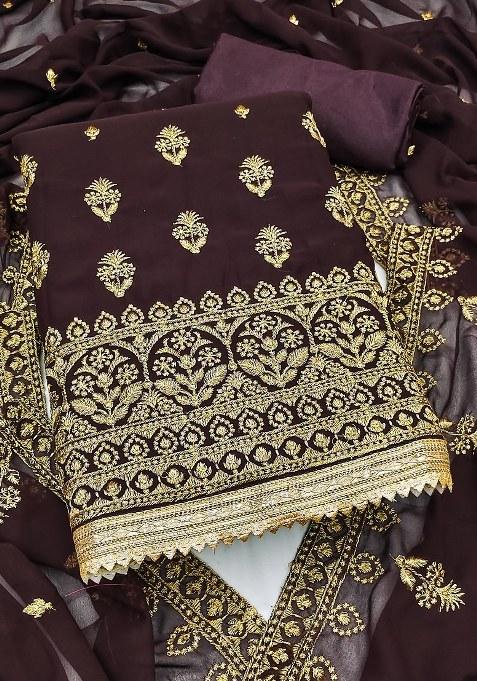 Brown Embroidered Georgette Dress Material