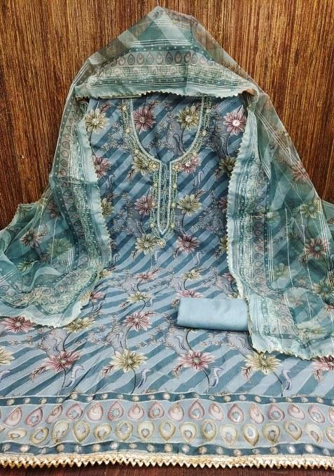 Multicolor Embroidered Oragnza Dress Material