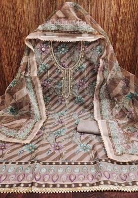 Multicolor Embroidered Oragnza Dress Material