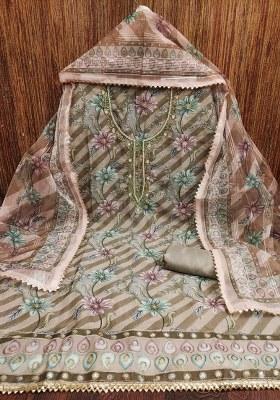 Multicolor Embroidered Oragnza Dress Material