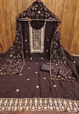 Brown Embroidered Georgette Dress Material