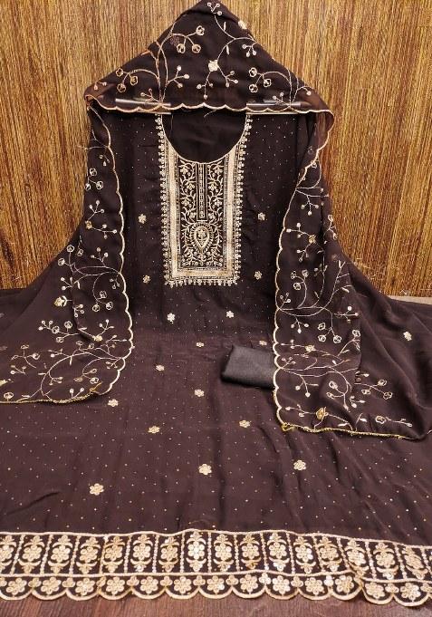 Brown Embroidered Georgette Dress Material