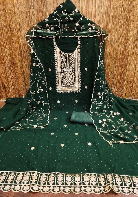 Green Embroidered Georgette Dress Material
