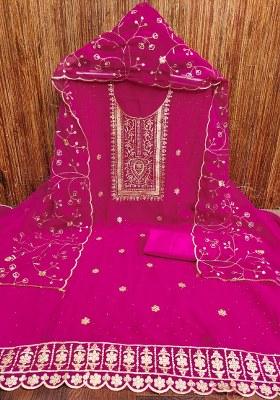 Pink Embroidered Georgette Dress Material